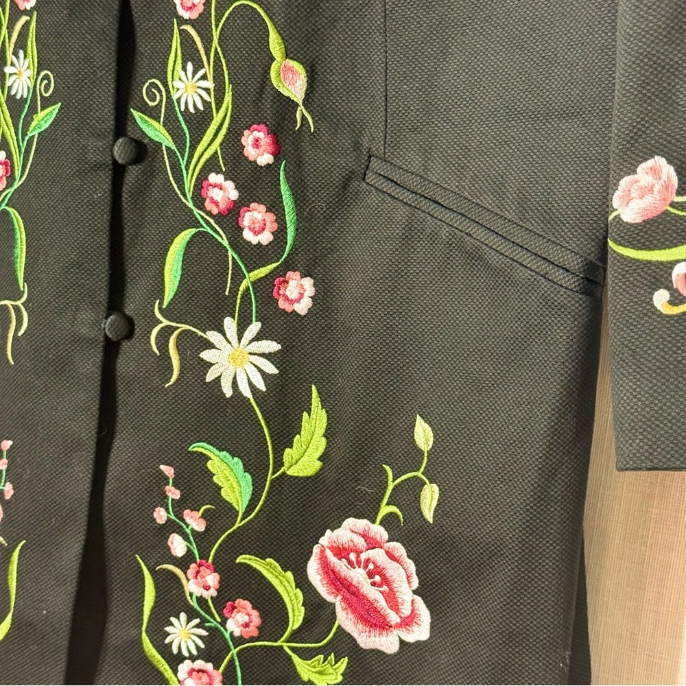 Victor Costa Floral‎ Embroidered Long Coat Black 2X Mandarin Collar - Picture 3 of 7